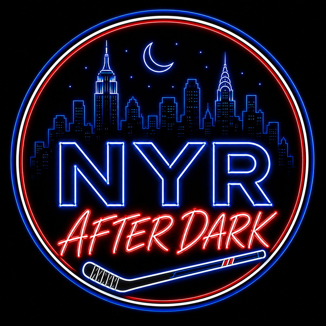 NYR After Dark neon logo with New York skyline